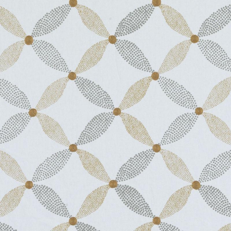 Geometric lattice of quatrefoil shapes in gray and gold-beige with dotted texture on pale background.