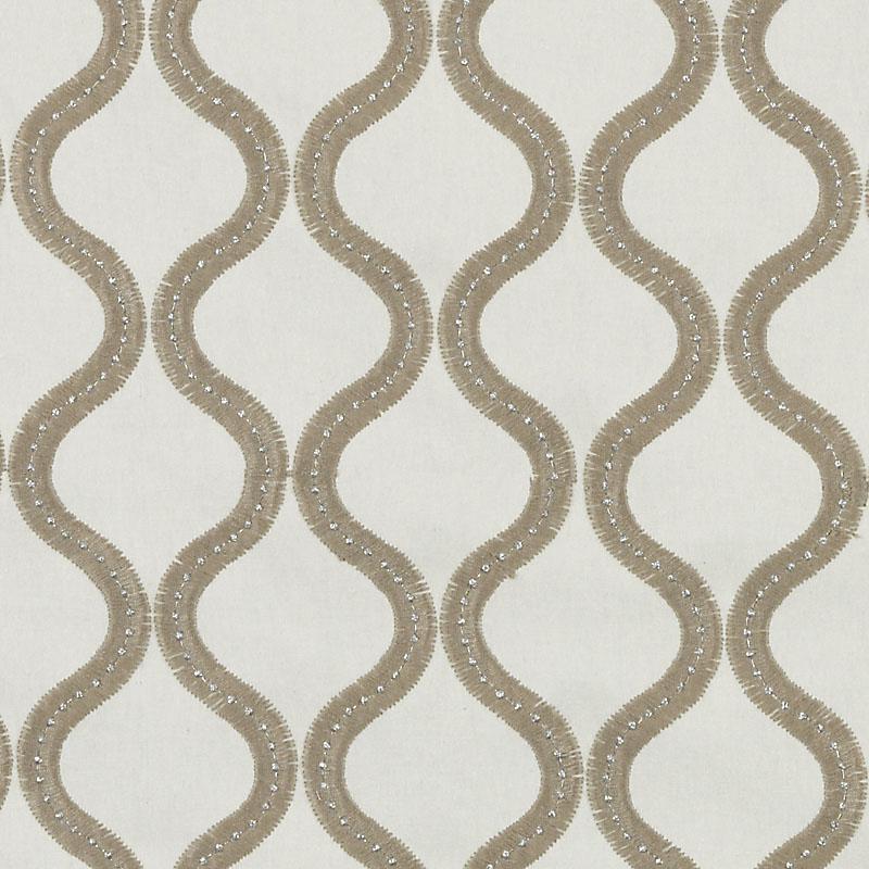 Beige wavy trellis drapery fabric with dotted edging on cream backdrop.