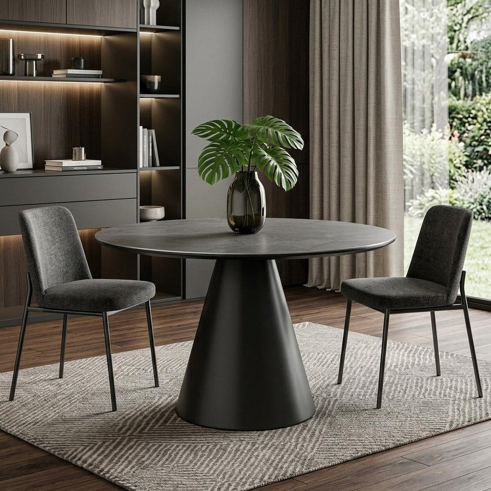 47" Gray Rounded Stone And Iron Pedestal Base Dining Table