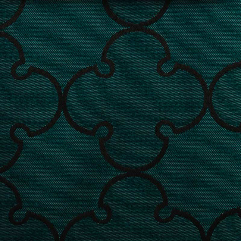Teal woven fabric with black interlocking quatrefoil lattice pattern; textured surface, ideal for upholstery or drapery.