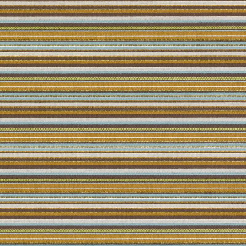 Horizontal striped fabric in mustard, brown, olive, light blue and cream; retro woven textile for upholstery or apparel.