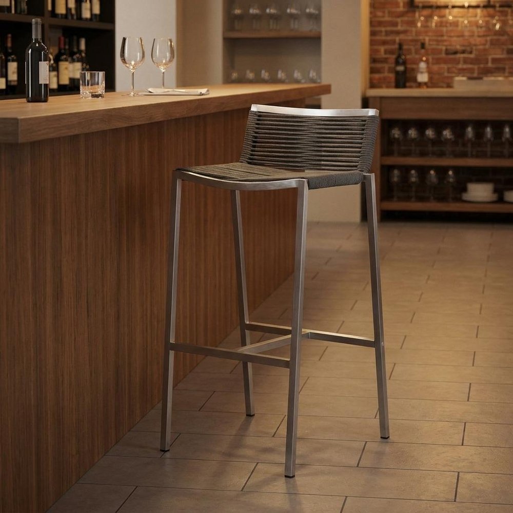 28" Brown And Silver Iron And Steel Low Back Bar Height Bar Chair