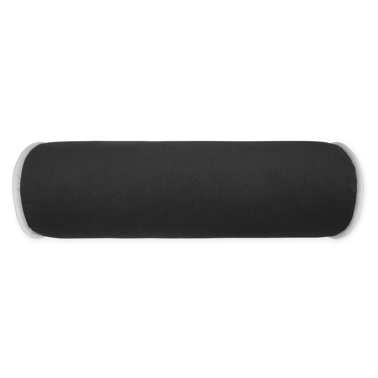 Black fabric-covered cylindrical bolster pillow with white rounded end caps, for neck or back support.