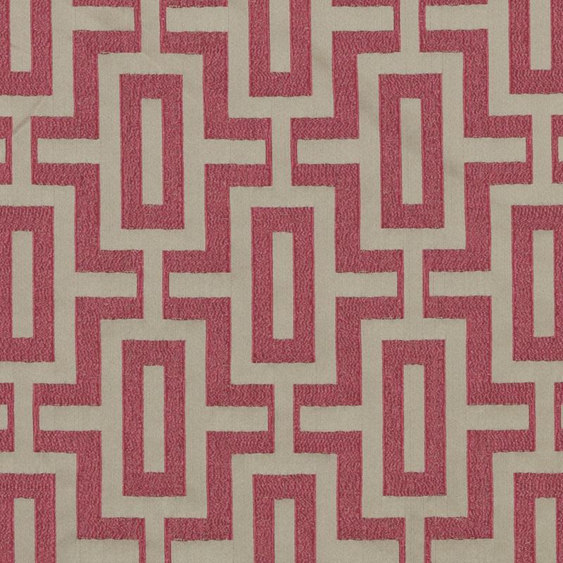 Pink geometric lattice of interlocking rectangles on beige textured upholstery fabric; bold retro textile print.