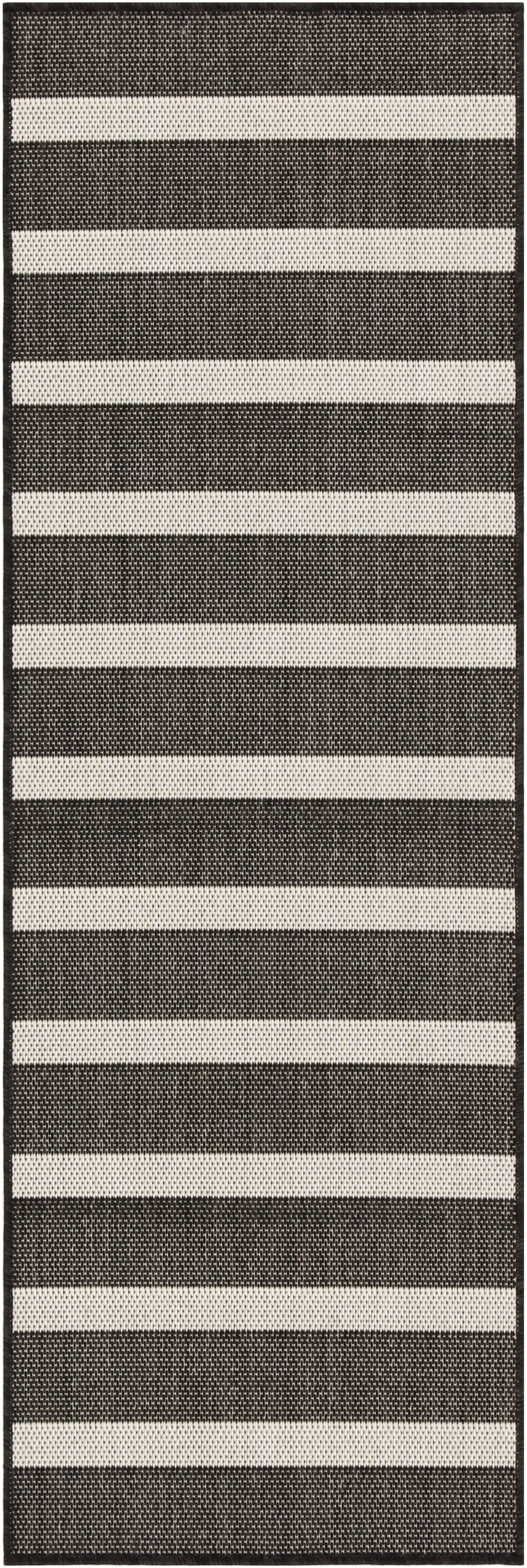 Long rectangular striped woven rug in brown and cream, contemporary runner for hallway or living room.