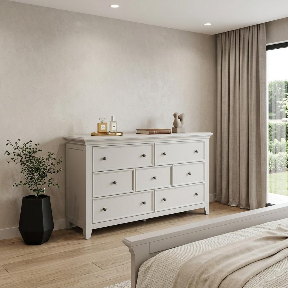 58" White Solid Wood Seven Drawer Triple Dresser
