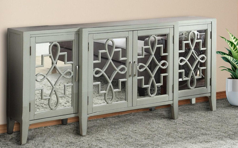 72" Black and Silver Mirrored Solid Wood and Glass Distressed Solid Console Table