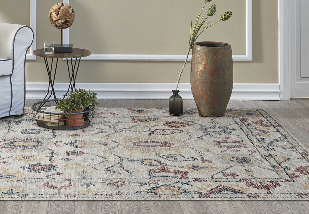 7' X 10' Ivory Gray And Red Wool Medallion Hand Tufted Area Rug