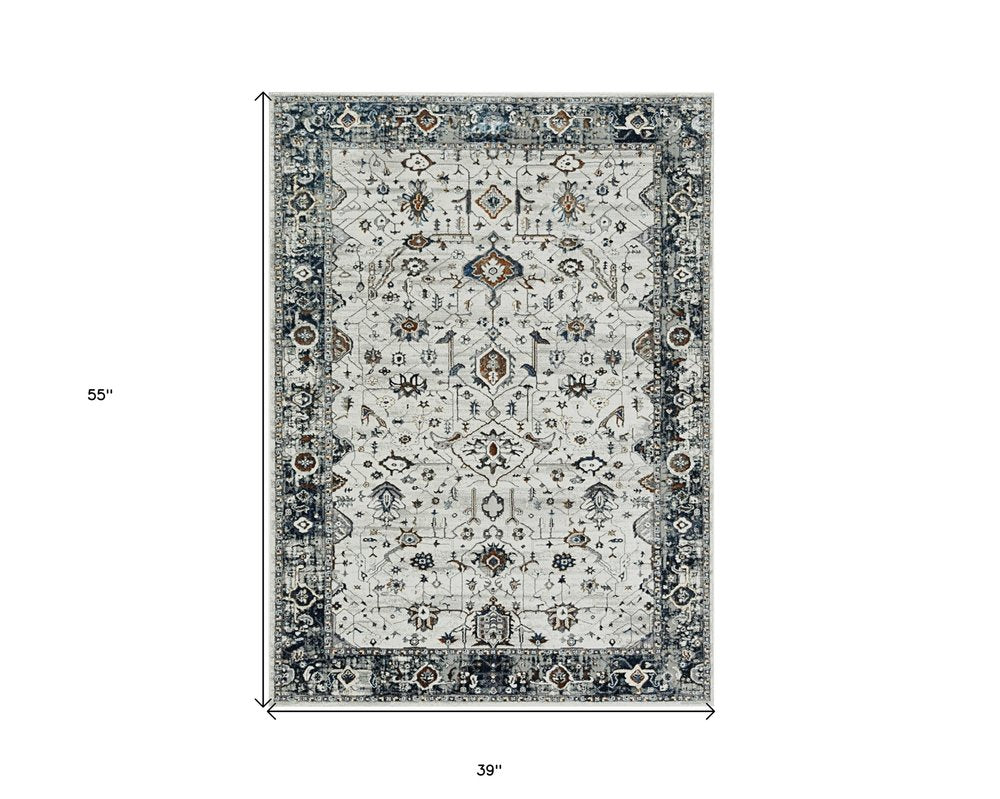 3' X 5' Gray And Ivory Floral Medallion Distressed Area Rug