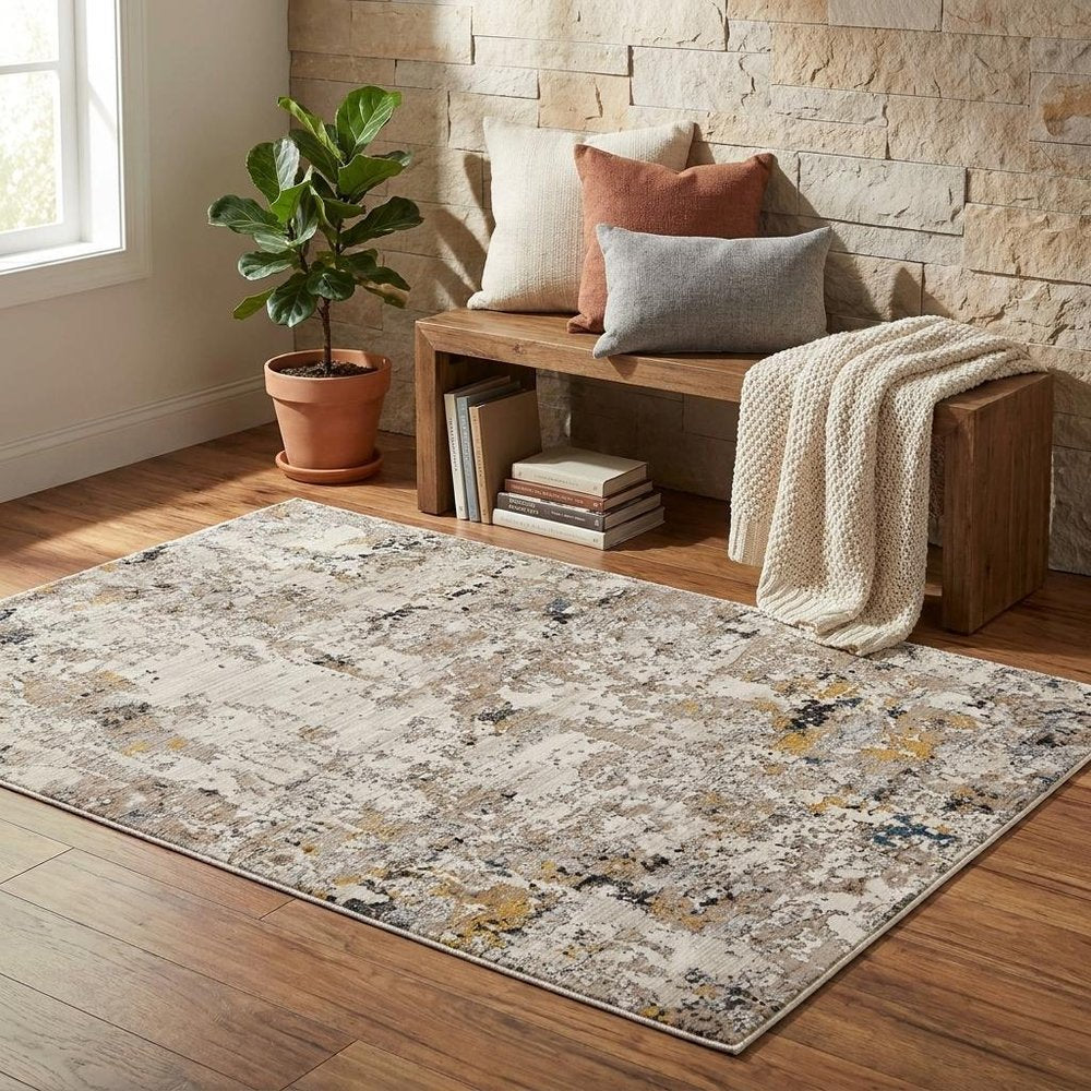 4' X 6' Beige Tan And Gold Abstract Distressed Area Rug