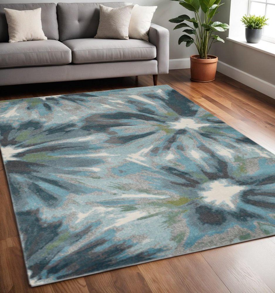5' X 8' Teal Ivory And Gray Floral Area Rug