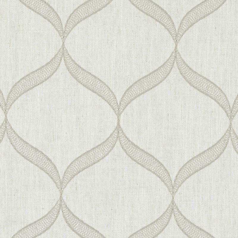 Beige and cream drapery fabric with interlocking curved diamond lattice and subtle linen texture.