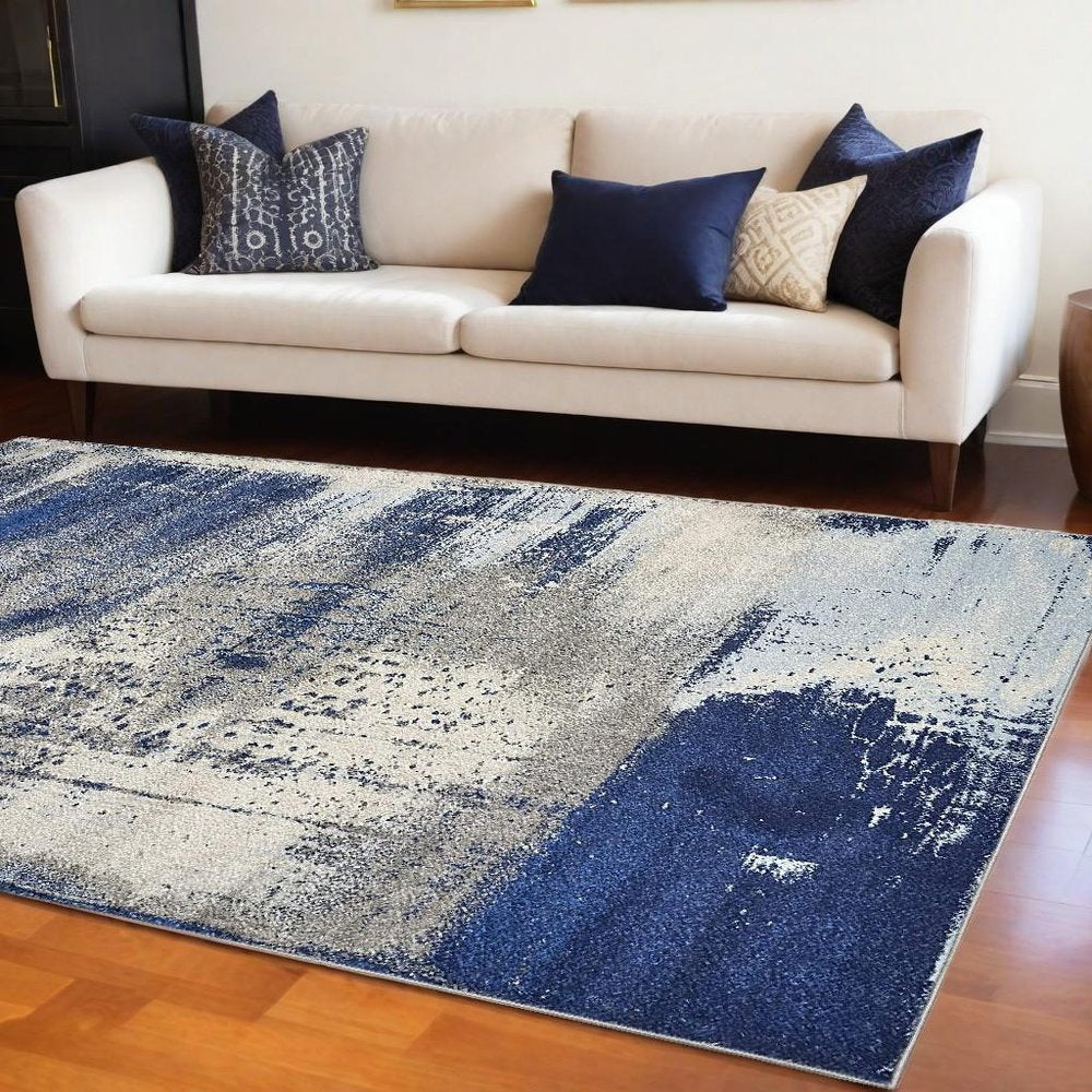 3' X 5' Blue Ivory And Gray Abstract Area Rug