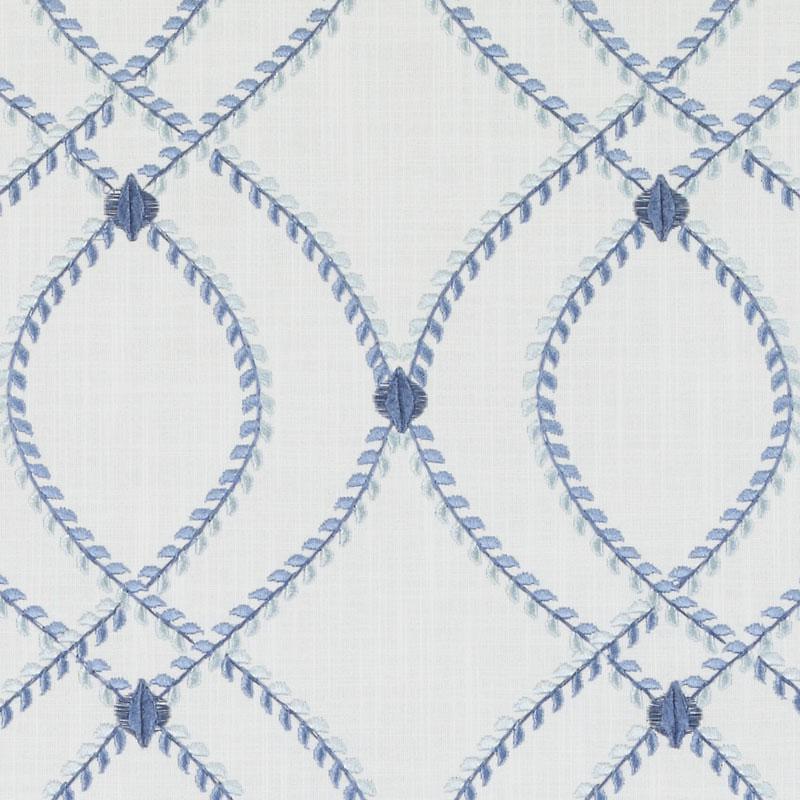 Blue braided rope pattern on white background with looping lattice and knot-like nodes; decorative textile design.