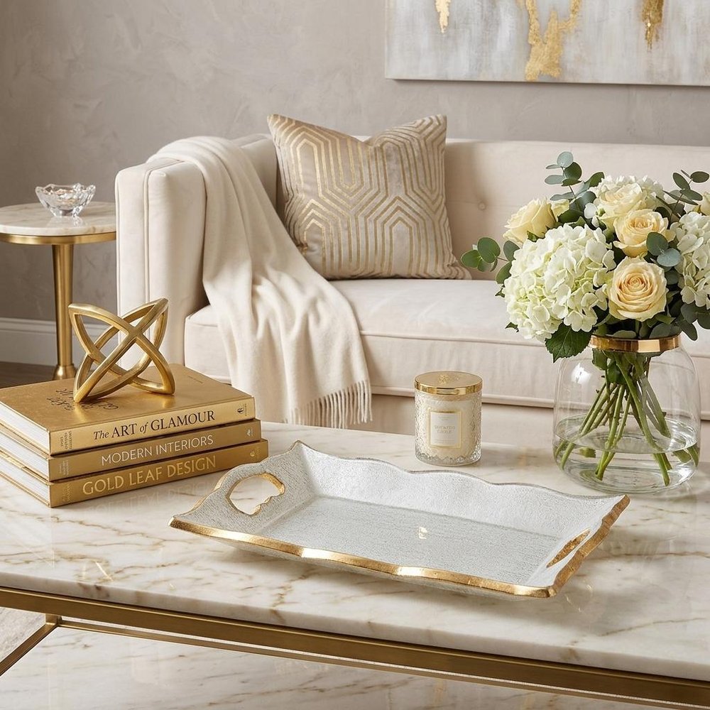 20" Clear And Gold Seeded Glass Serving Tray With Handles