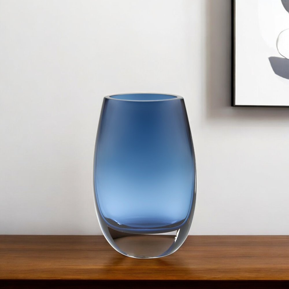 8-inch tall oval lead-free crystal table vase in midnight blue and clear glass