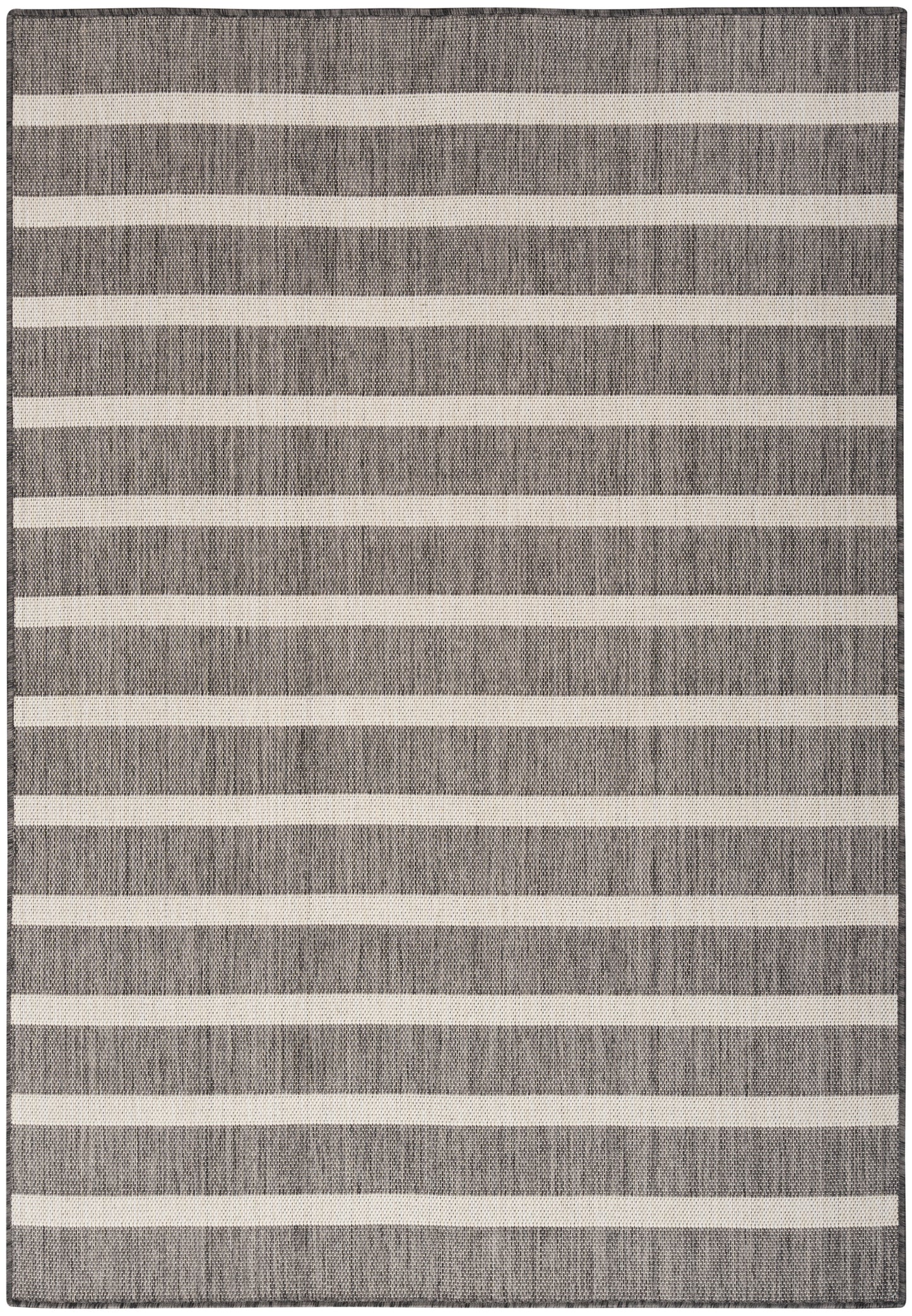 Rectangular gray woven rug with evenly spaced cream horizontal stripes and a textured surface.