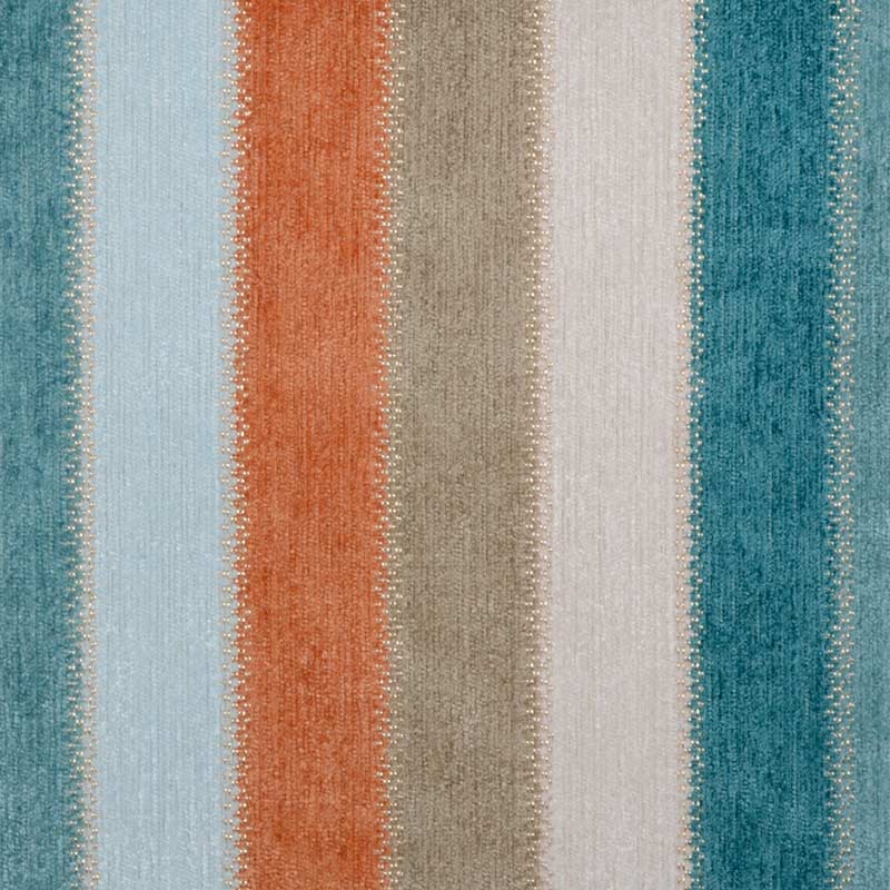 Vertical striped woven upholstery fabric in light blue, orange, taupe, ivory and teal with a textured surface.