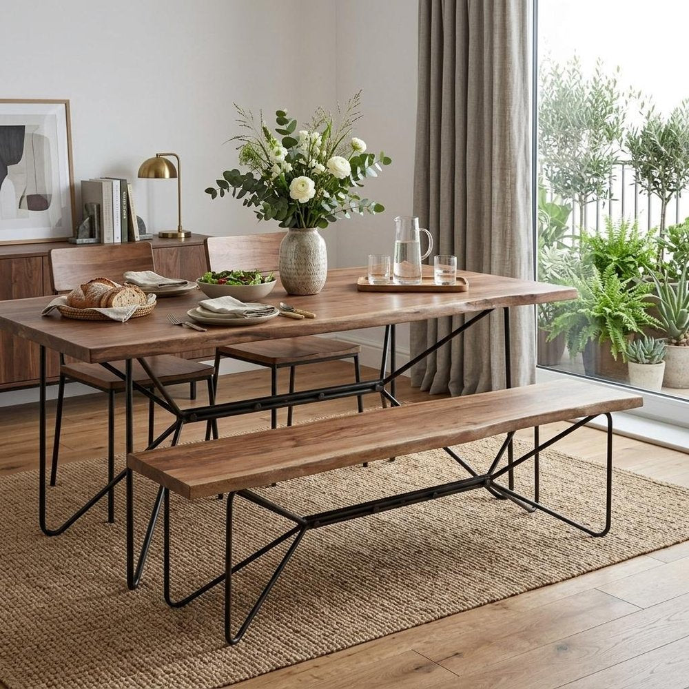 66" Brown And Black Iron Distressed and Solid Wood Live Edge Dining Bench