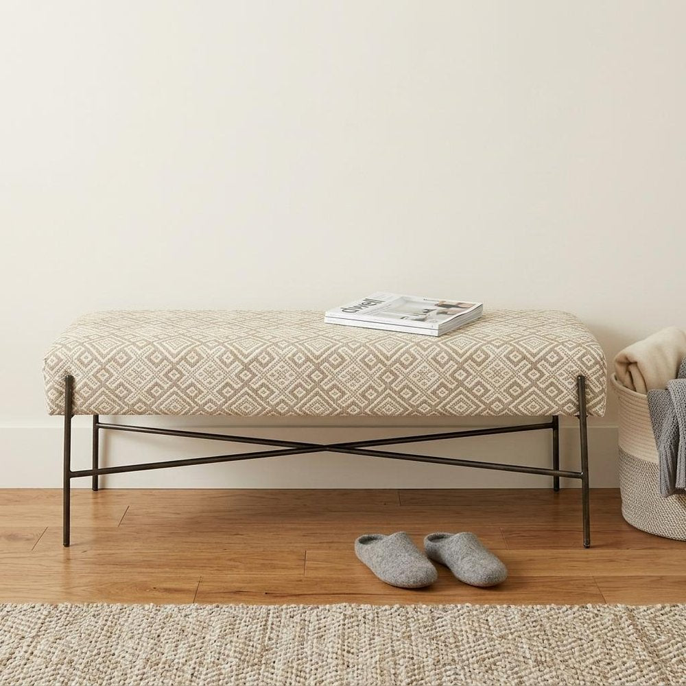 17" Cream and Black Upholstered Cotton Blend Geometric Bench