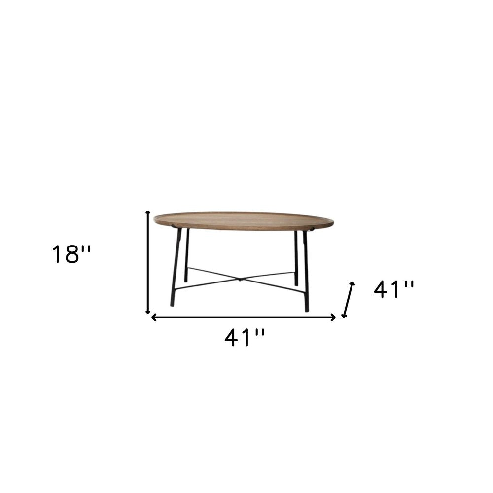 Set of Two Brown and Black Solid Wood and Iron Round Nested Coffee Tables