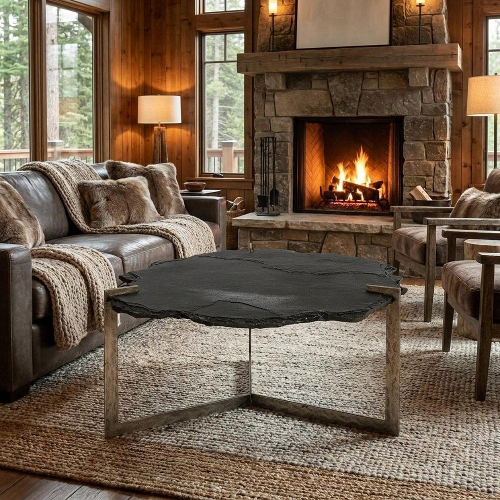 40" Black and Gold Stone and Iron Free Form Distressed Coffee Table
