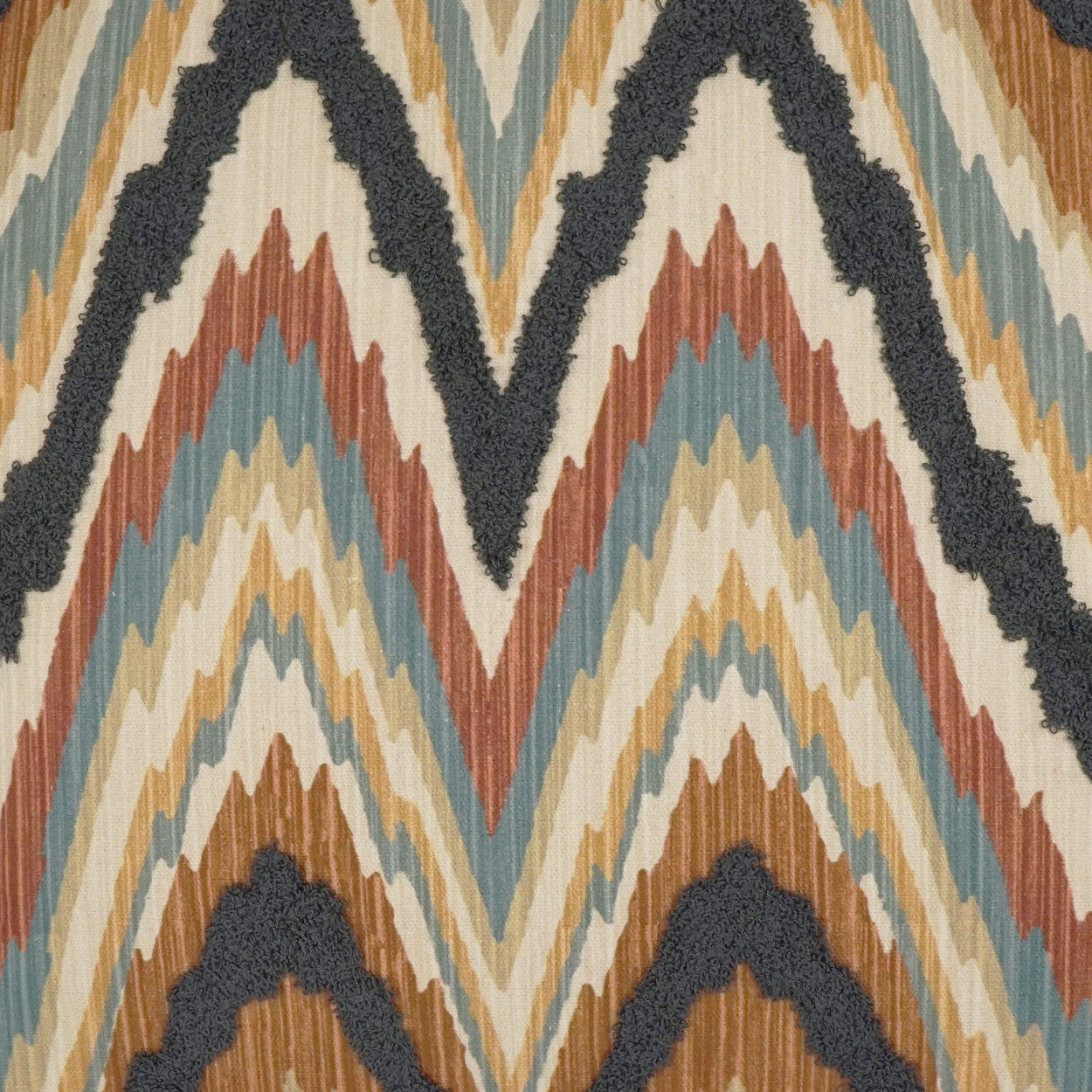 Chevron zigzag woven rug-style fabric in navy, teal, mustard, rust, cream.
