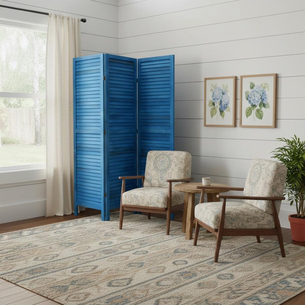 67" Light Blue Folding Three Panel Screen Room Divider