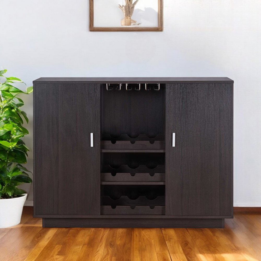 Dark espresso wine cabinet with two doors and a central open rack for wine bottles; modern compact design.
