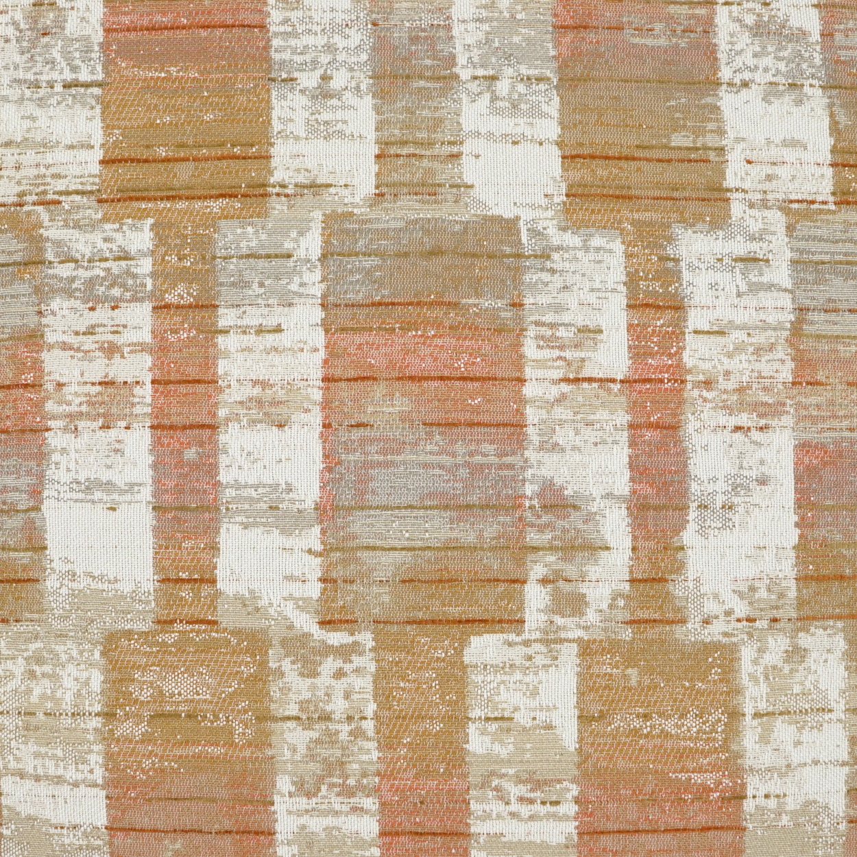 24" x 24" pillow with geometric block-pattern fabric in beige, peach, ivory and tan; distressed woven texture.