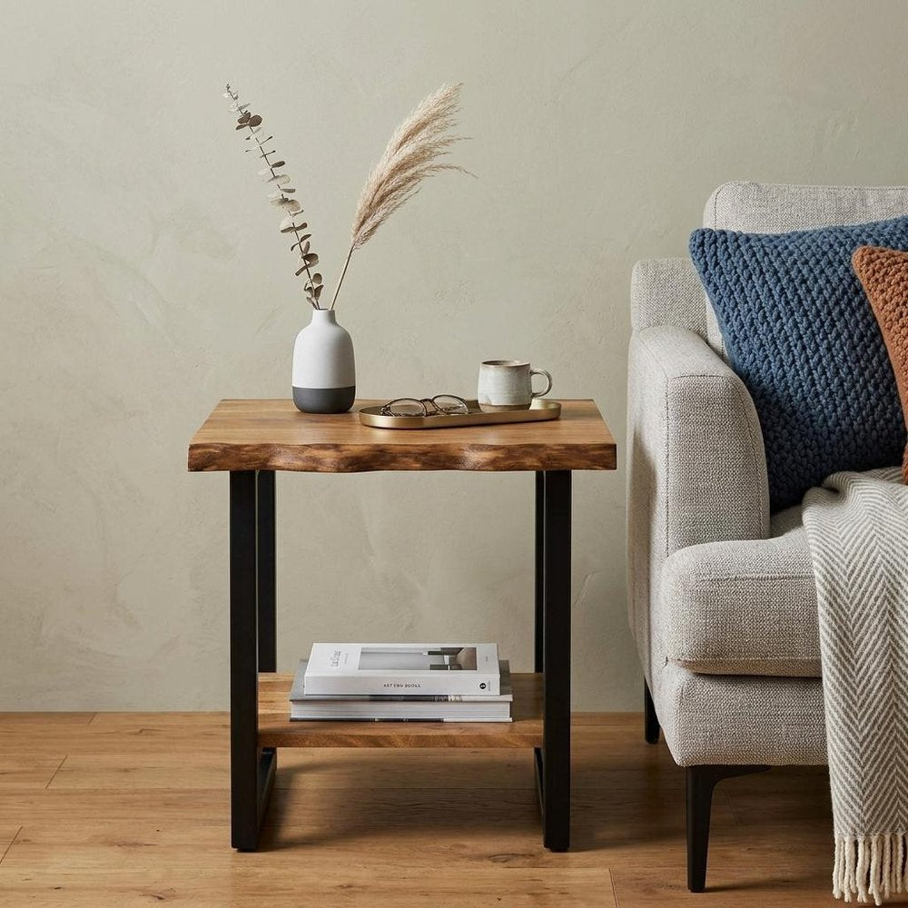 24" Brown And Black Solid Wood And Iron Square Frame End Table With Shelf
