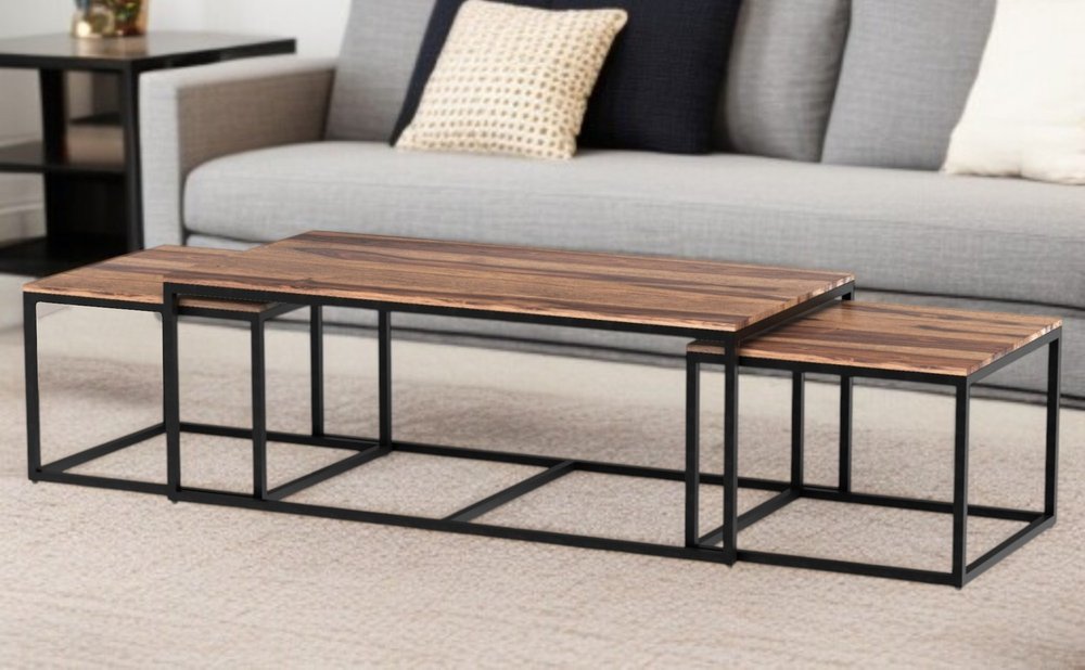 Set of Three 47" Natural And Black Solid Wood And Iron Coffee Table