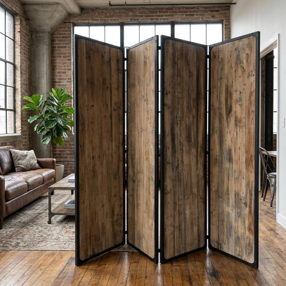 84" Brown Solid Wood Folding Four Panel Screen Room Divider