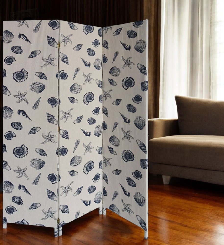Three-panel folding screen with blue seashell & starfish print on white fabric; decorative room divider.