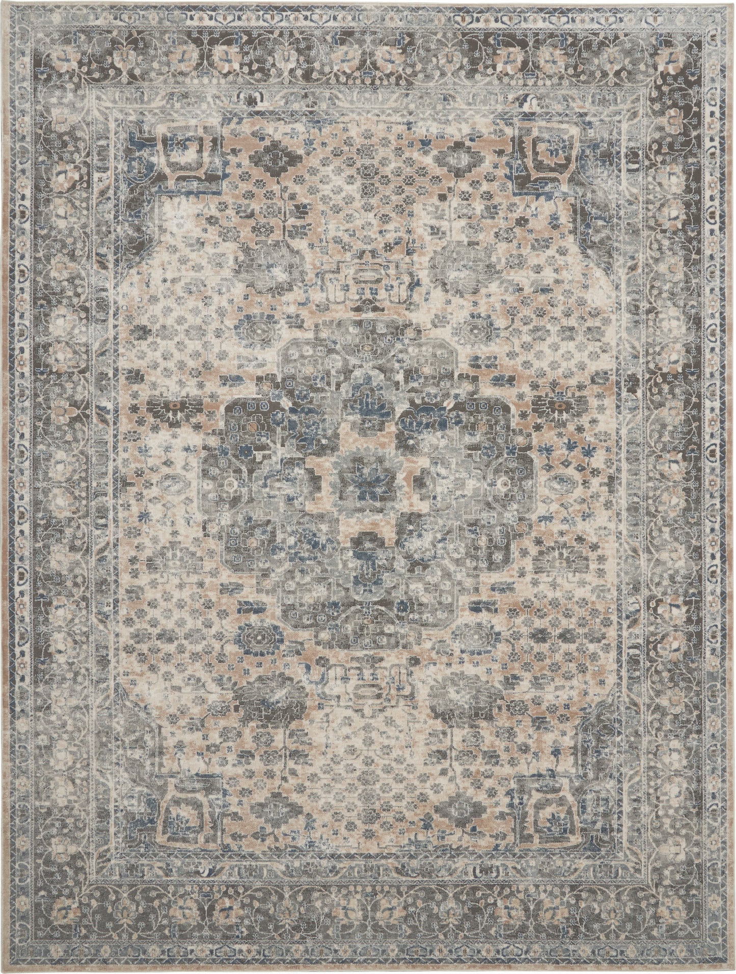 Persian-style area rug with ivory-beige base, blue-gray central medallion, and ornate distressed border.