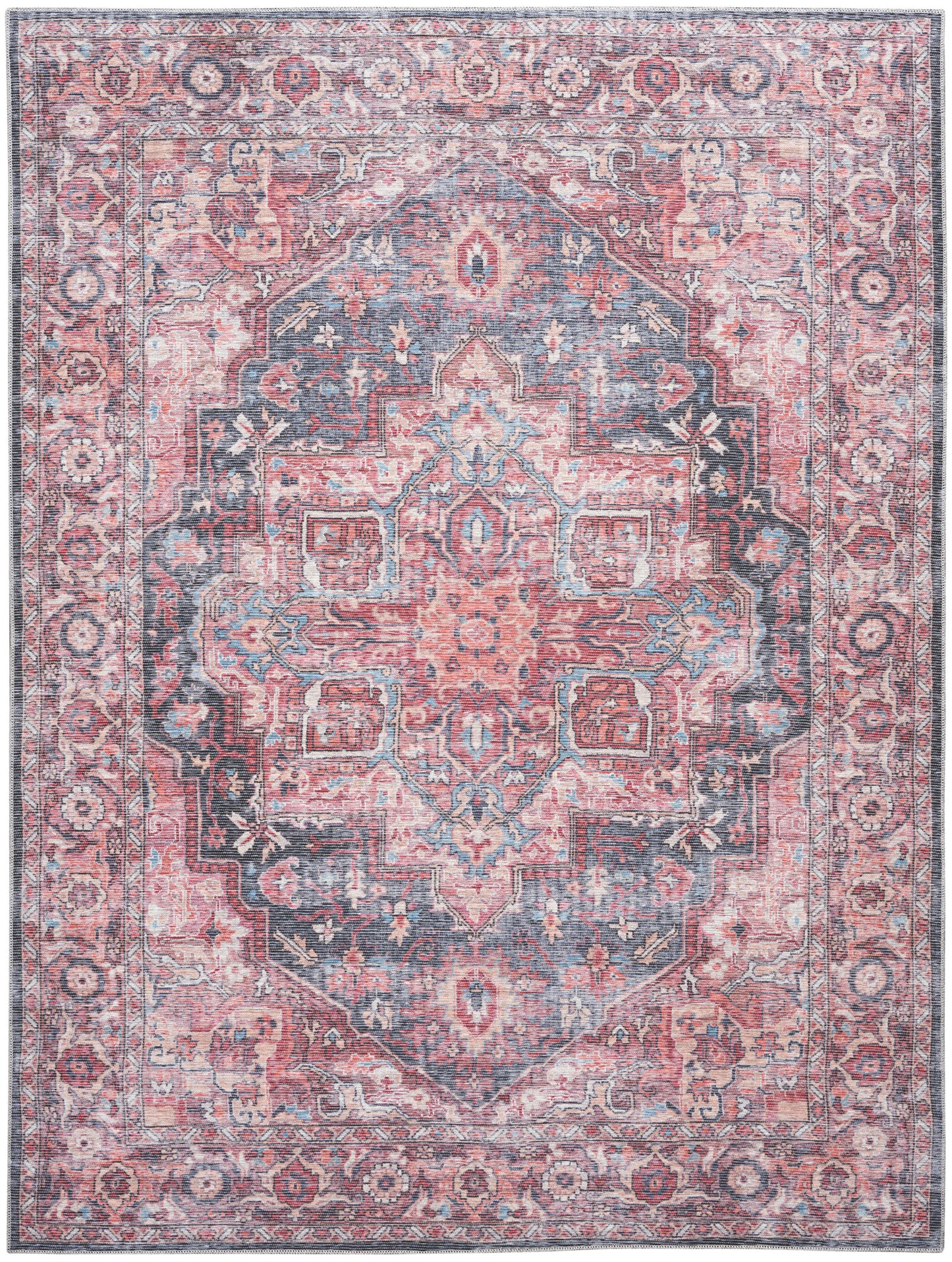Rectangular Persian-style rug with pink, navy blue and ivory tones; central medallion and ornate floral border; ideal for living room decor.