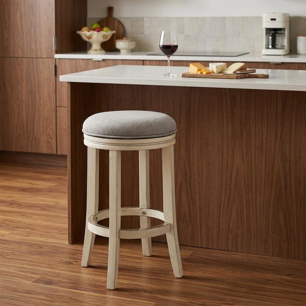 25" Gray and Ivory Fabric and Solid Wood Backless Counter Height Swivel Bar Chair