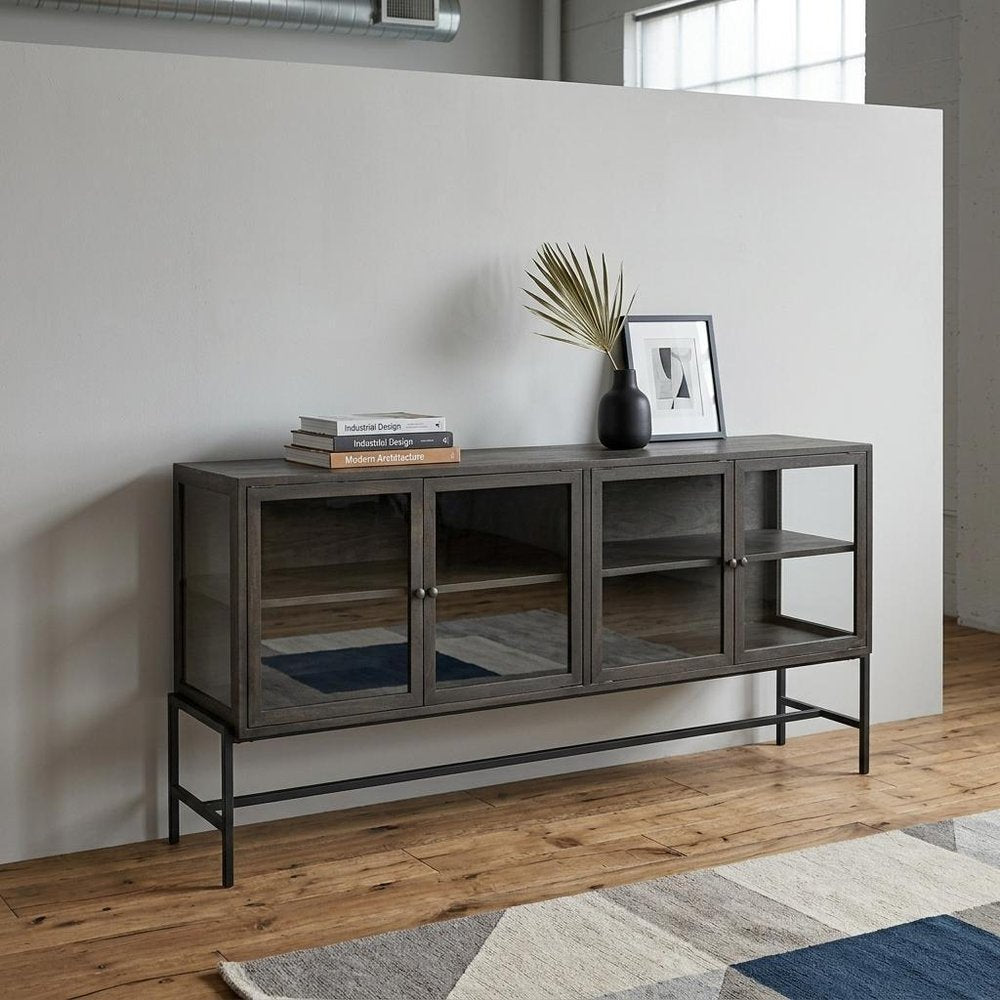 70" Black Solid Wood Sideboard with Four Glass Doors
