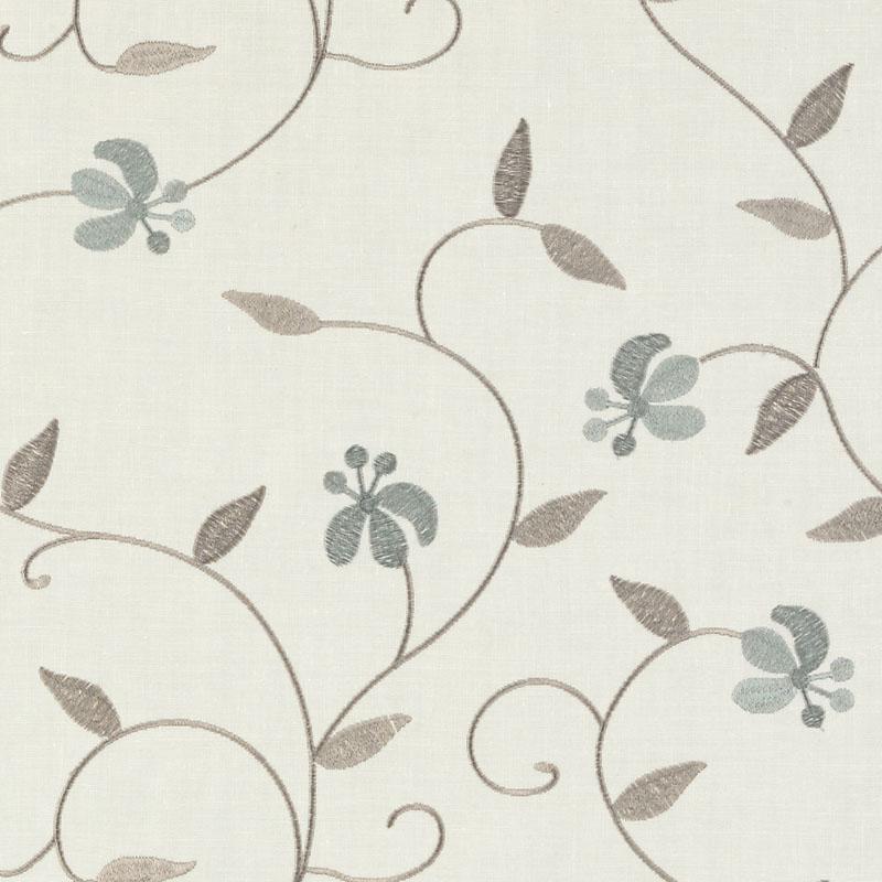 Beige botanical upholstery fabric with curling brown vines and pale blue-gray floral clusters.