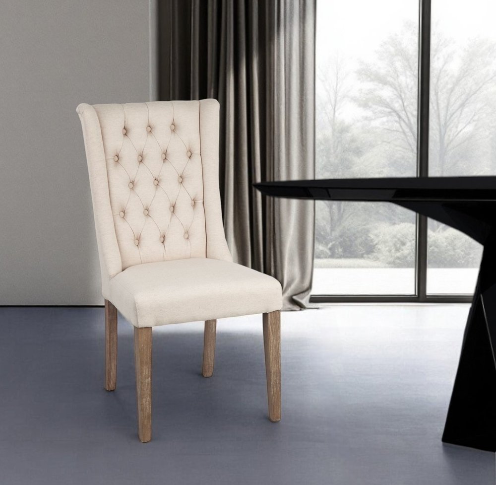 Tufted Cream and Brown Upholstered Linen Wing Back Dining Side Chair