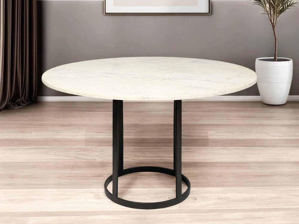 48" White And Black Rounded Marble And Metal Pedestal Base Dining Table