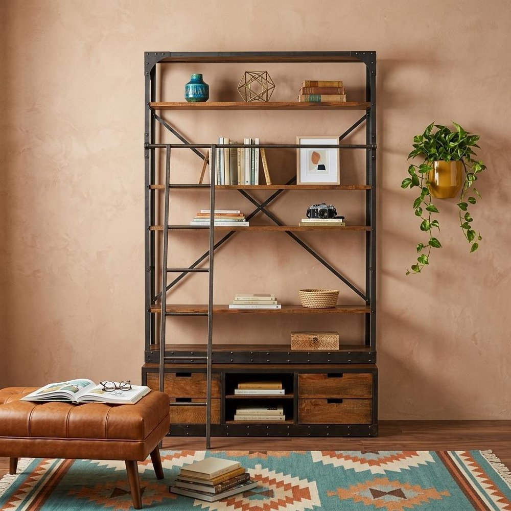94" Black And Brown Distressed Copper and Wood Four Tier Library Bookcase with Four Drawers