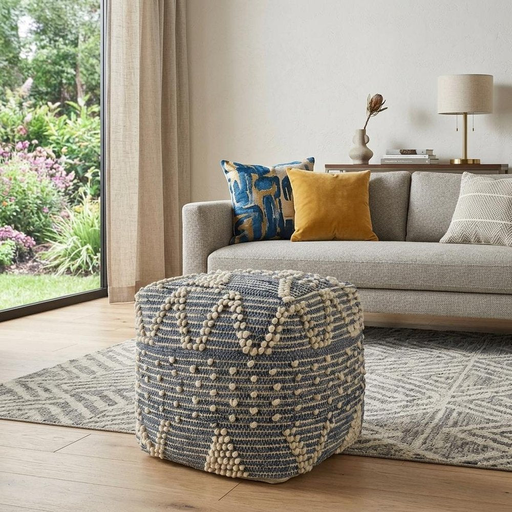 18" Blue Geometric Pouf Ottoman