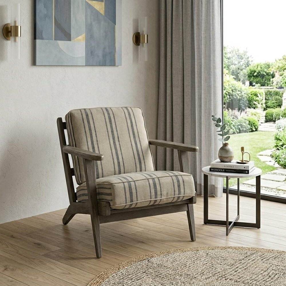 31" Beige Gray and Brown Fabric Striped Lounge Chair