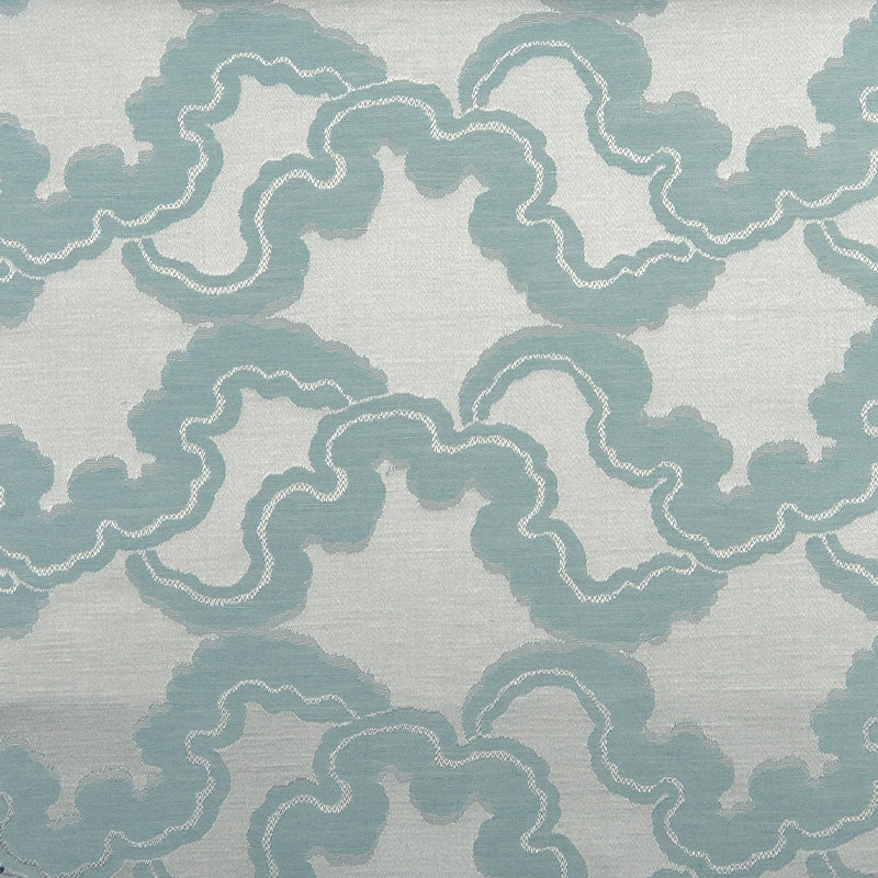 Teal scalloped cloud pattern on cream linen-like drapery fabric; repeating wavy shapes.
