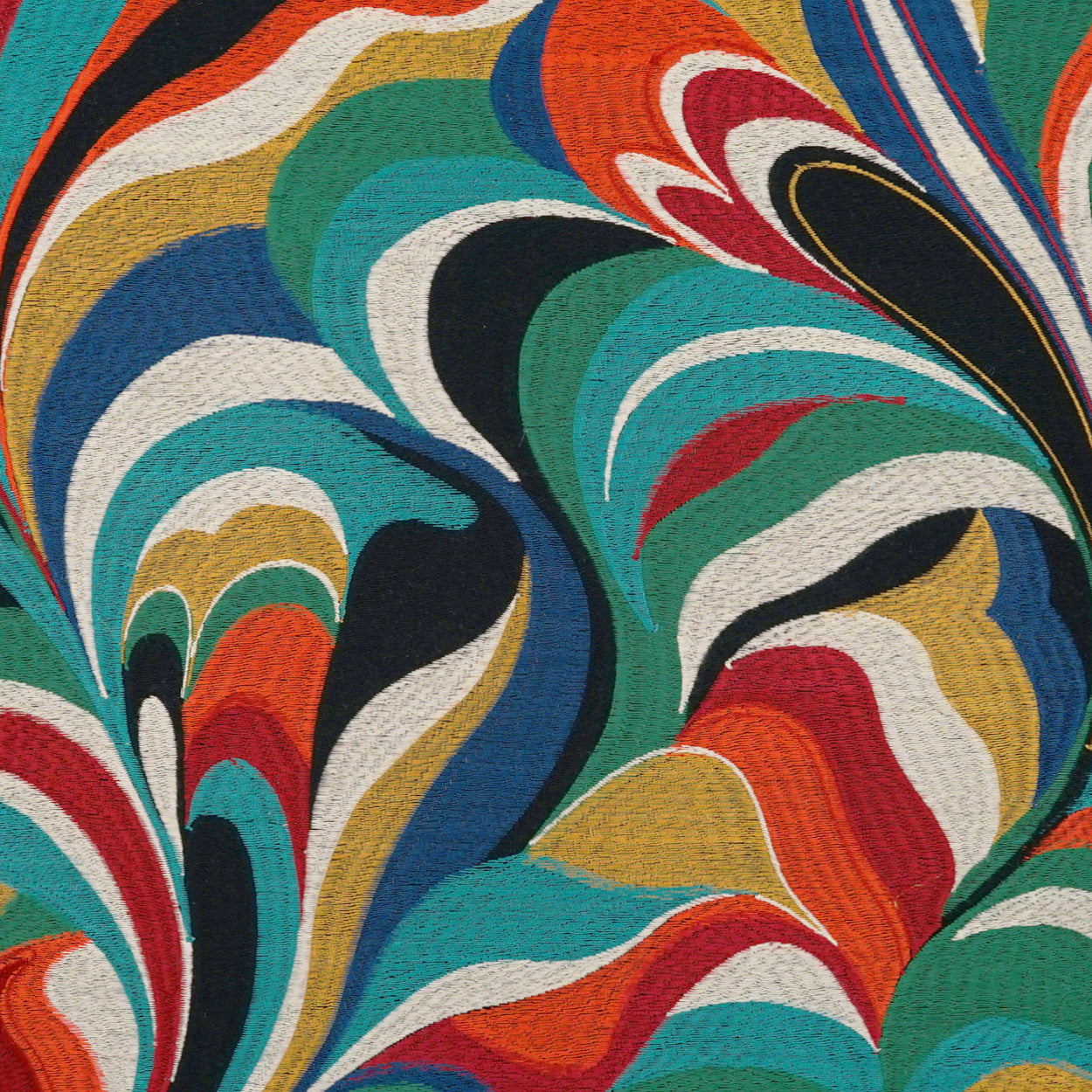 Bold abstract swirl pattern on fabric; teal, orange, red, blue, green with cream and black, vibrant textile.