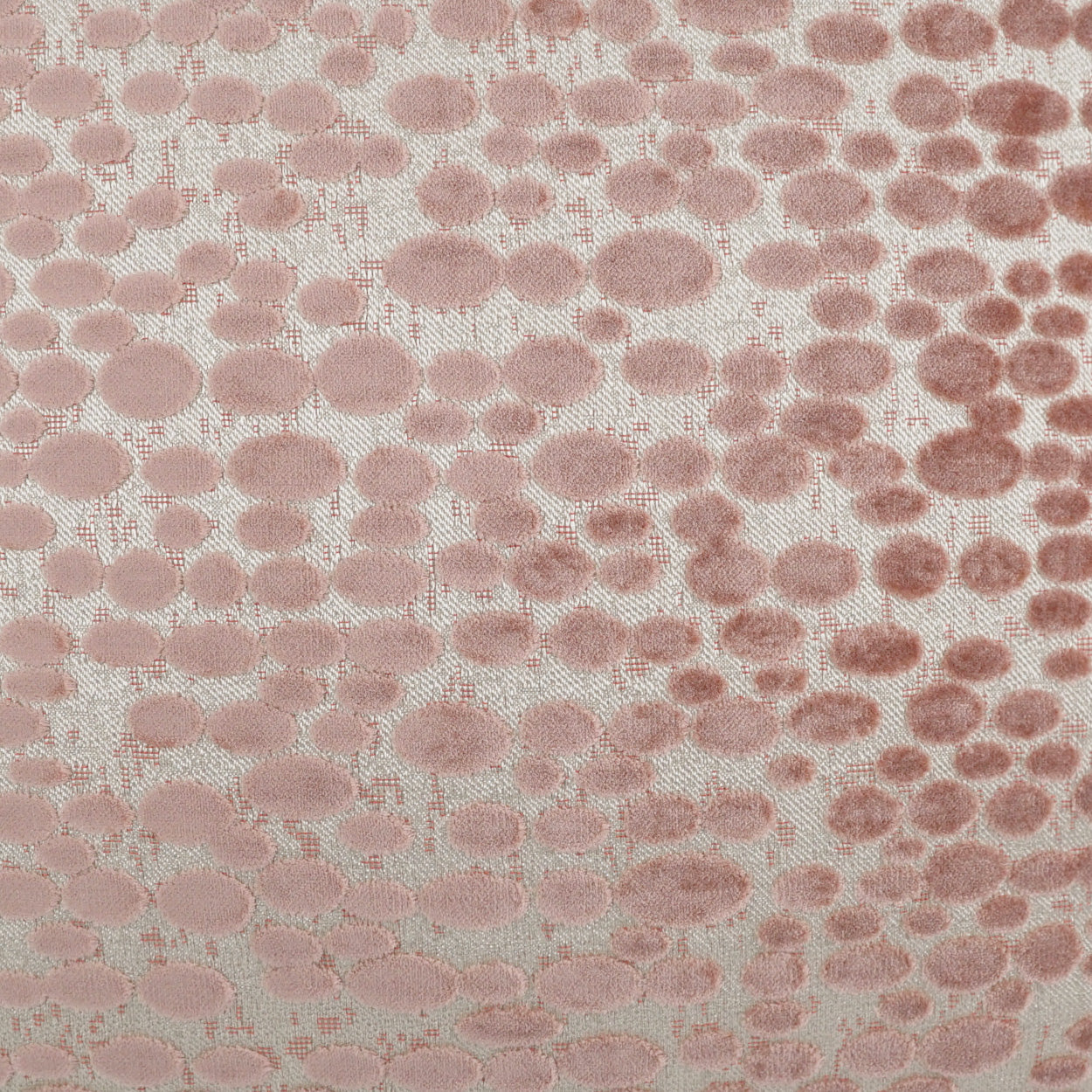 Close-up of pale pink dotted fabric with raised circular spots in varying sizes forming a textured pattern.