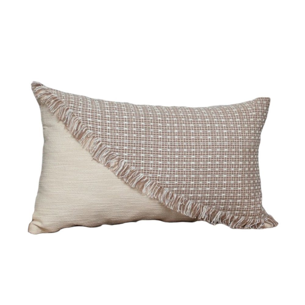14" X 24" Beige Cotton Throw Pillow With Fringe