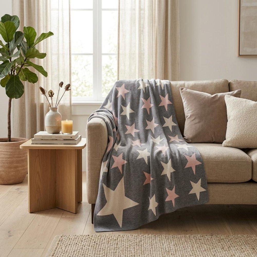 Grey Ivory And Pink Stars Knitted Baby Blanket