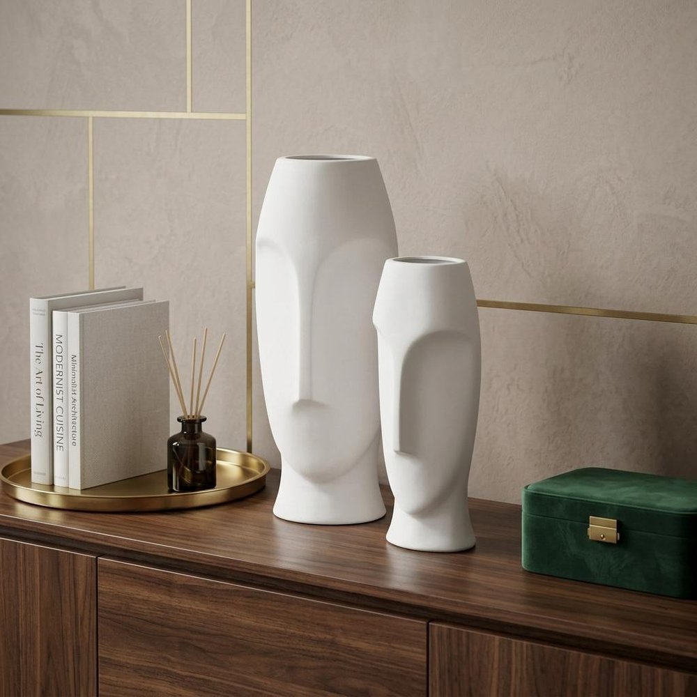 Set of Two Ceramic White Cylinder Table Vases